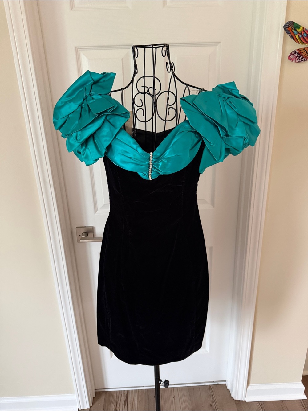 Black Velvet One-Shoulder Cocktail Dress with Teal Puff Detail
